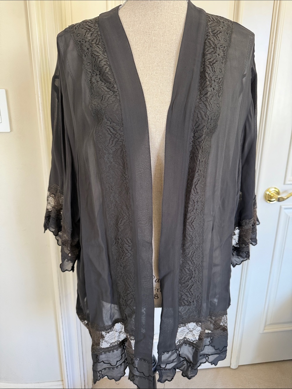 Topshop Black Sheer Lace-Trim Kimono Robe